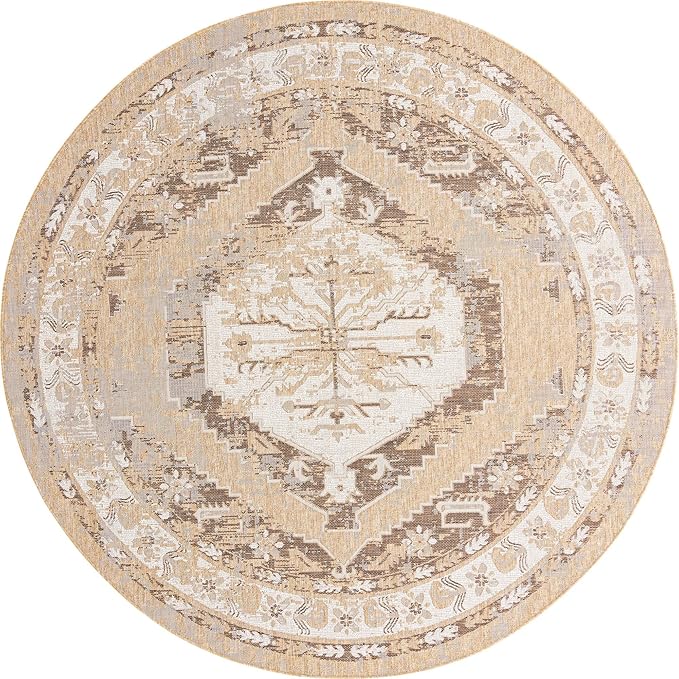 Unique Loom Outdoor Traditional Collection Area Rug - Valeria (10' Round, Natural/ Ivory)