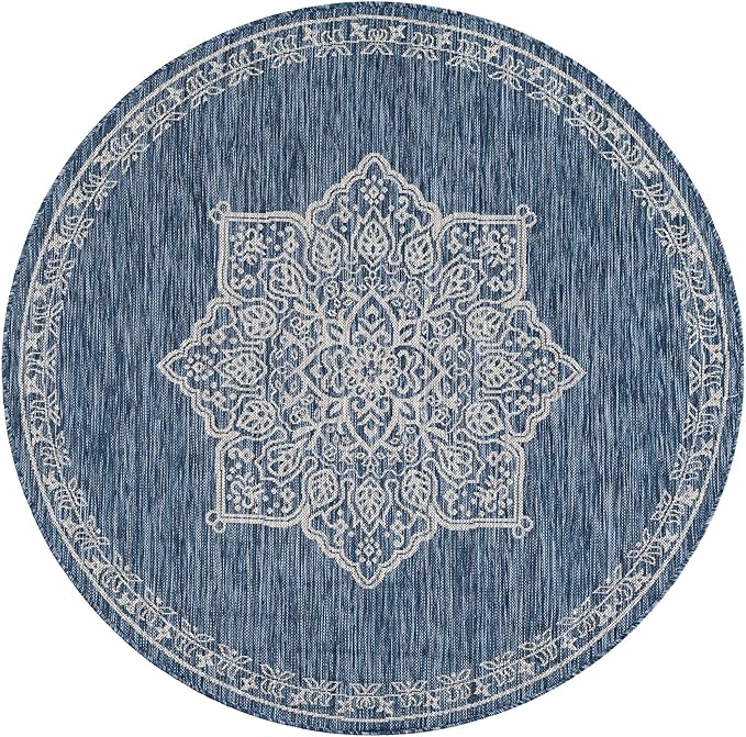 Unique Loom Outdoor Traditional Collection Area Rug - Antique (5' 3" Round Blue/Ivory)