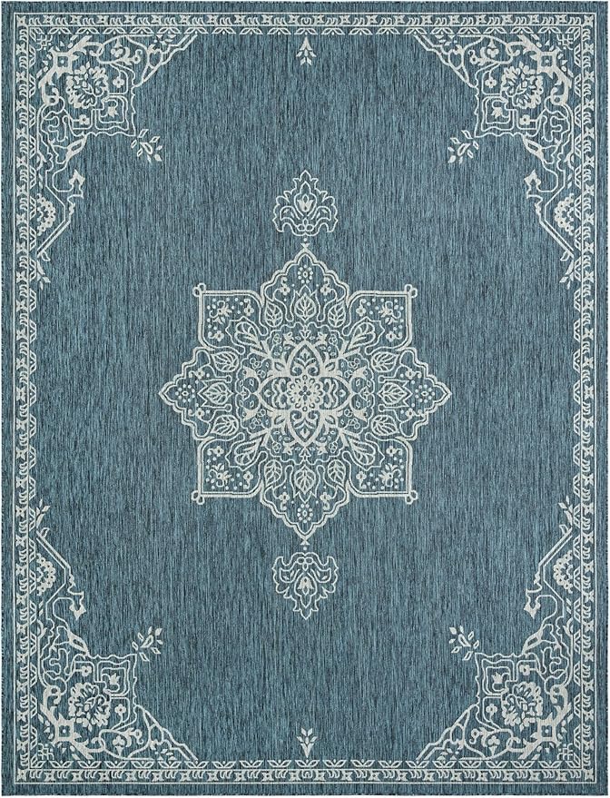 Unique Loom Outdoor Traditional Collection Area Rug - Antique (10' x 13' 1" Rectangle Teal/Ivory)