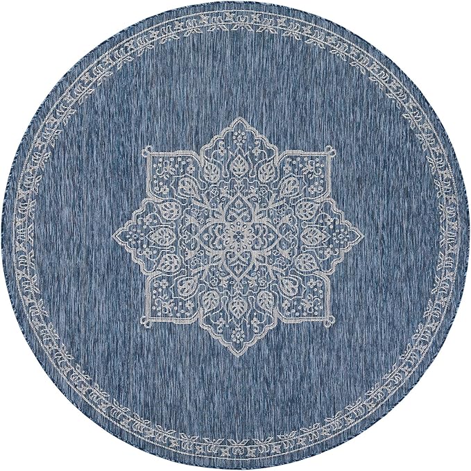 Unique Loom Outdoor Traditional Collection Area Rug - Antique (7' 10" Round Blue/Ivory)