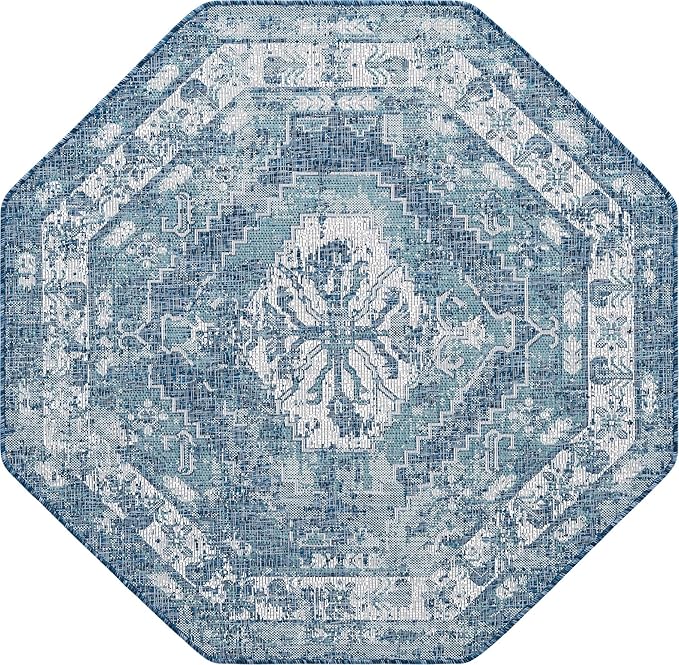 Unique Loom Outdoor Traditional Collection Area Rug - Valeria (5' 3" Octagon, Blue/ Ivory)