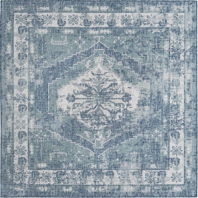 Unique Loom Outdoor Traditional Collection Area Rug - Valeria (7' 10" Square, Blue/ Ivory)
