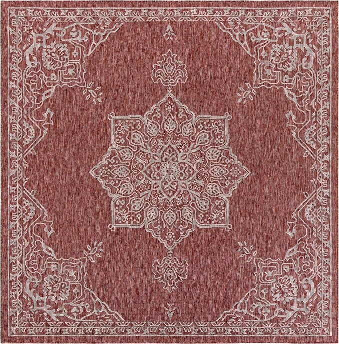 Unique Loom Outdoor Traditional Collection Area Rug - Antique (7' 10" Square Rust Red/Ivory)