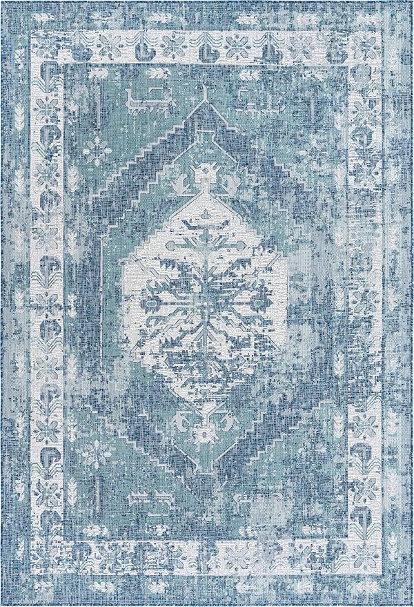 Unique Loom Outdoor Traditional Collection Area Rug - Valeria (7' 1" x 10' Rectangle, Blue/ Ivory)