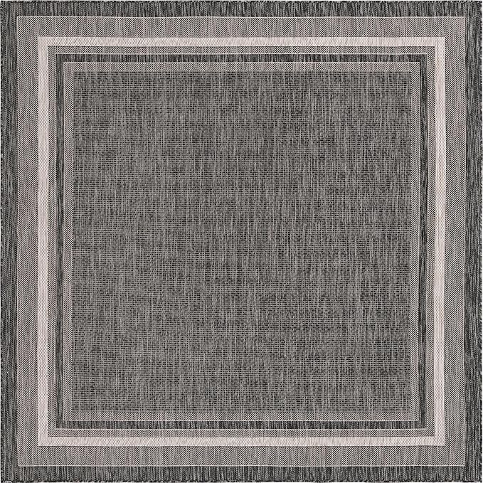 Unique Loom Outdoor Border Collection Area Rug - Soft Border (7' 10" Square, Black/ Ivory)