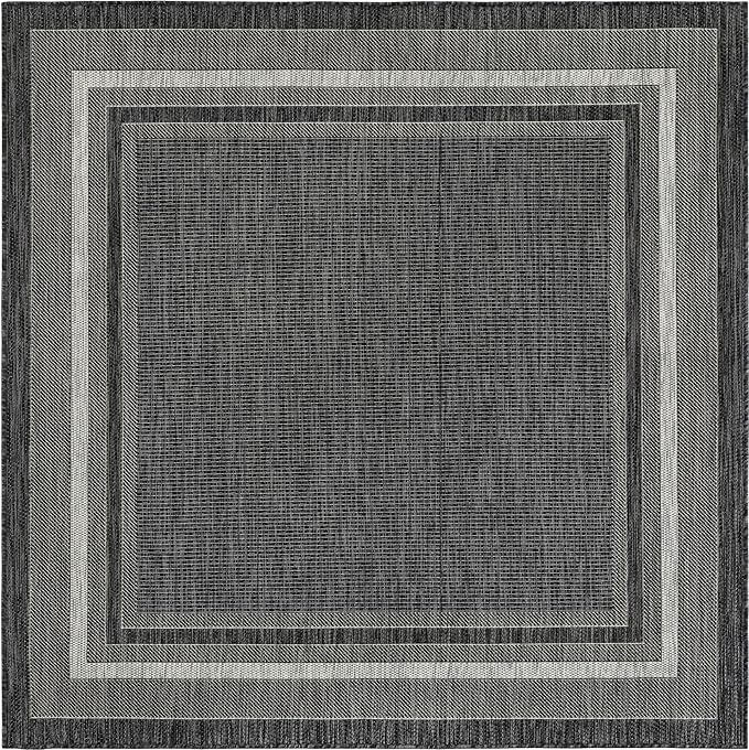 Unique Loom Outdoor Border Collection Area Rug - Soft Border (6' 1" Square Black/Ivory)