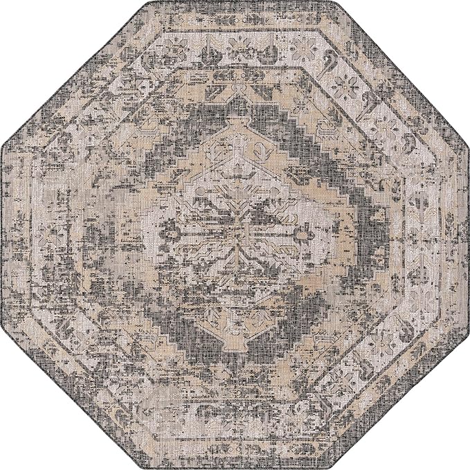 Unique Loom Outdoor Traditional Collection Area Rug - Valeria (7' 10" Octagon, Charcoal/ Natural)