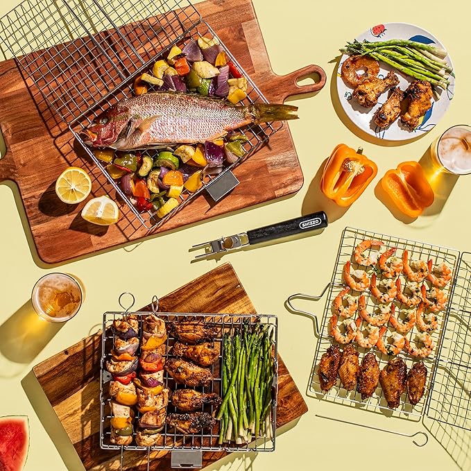 SHIZZO Grill Basket Set, Barbecue BBQ Grilling, Stainless Steel Folding Portable Outdoor Camping Rack for Fish, Shrimp, Vegetables, Cooking Accessories, Gifts for Dad, husband, Friends