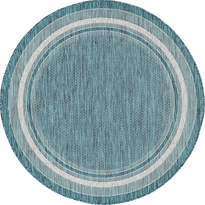Unique Loom Outdoor Border Collection Area Rug - Soft Border (5' 1" Round, Teal/ Ivory)