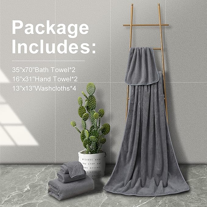 Ultra Soft 8 Piece Textured Bath Towel Set for Bathroom Shower Pool, Kitchen, Quick Dry, Lightweight Highly Absorbent - 2 Oversized Bath Towel Sheets, 2 Hand Towels, 4 Washcloths - Dark Gray