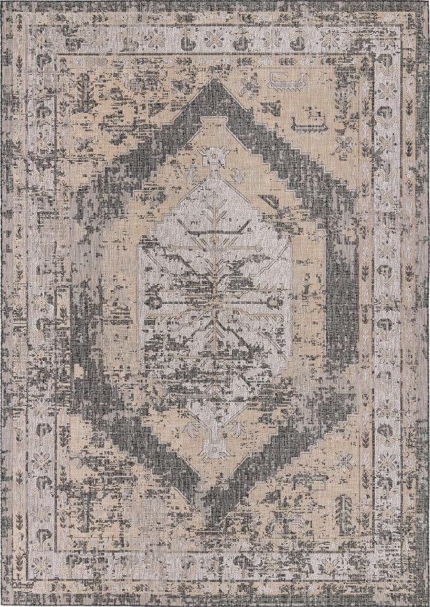 Unique Loom Outdoor Traditional Collection Area Rug - Valeria (10' x 13' 1" Rectangle, Charcoal/ Natural)