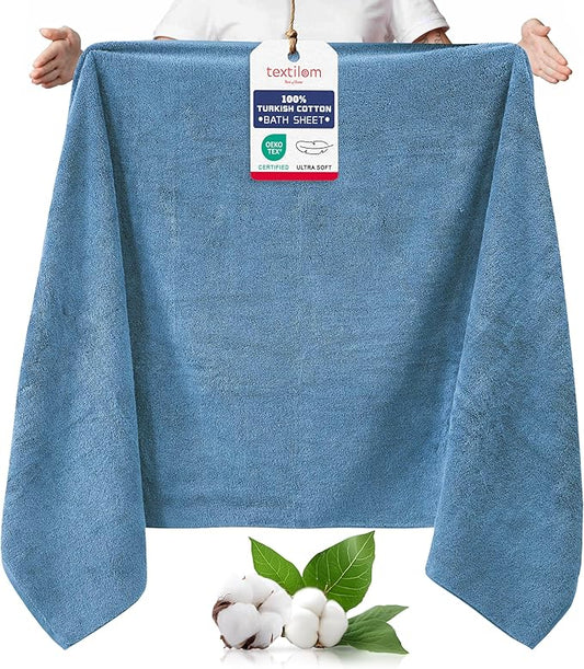 TEXTILOM 100% Turkish Cotton Oversized Luxury Bath Sheets, Jumbo & Extra Large Bath Towels Sheet for Bathroom and Shower with Maximum Softness & Absorbent (40 x 80 inches)- Mid Blue