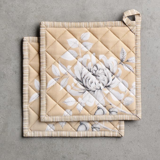 Maison d' Hermine Pot Holders Set 100% Cotton Heat Resistant Potholders 8" x 8" Hot Pads with Loop for Thanksgiving Christmas Decorations BBQ Baking Handling Hot Pans (Pack of 2, Pretty Autumn)