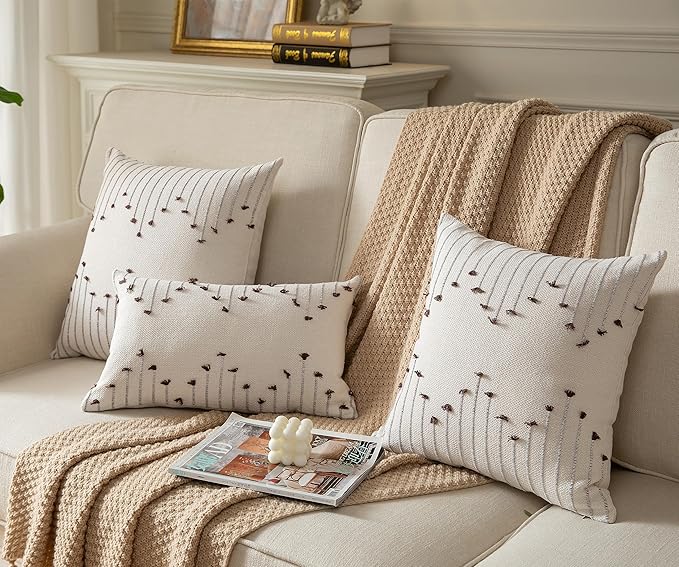 Boho Throw Pillow Covers 20x20 Set of 2 Decorative Pillows for Bed, Neutral Pillow Covers Beige with Coffee Line Throw Pillows for Modern Farmhouse Couch Sofa Living Room Outdoor