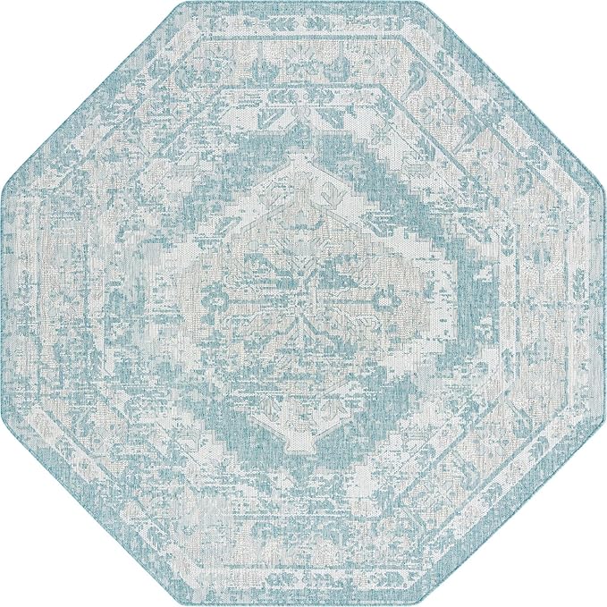 Unique Loom Outdoor Traditional Collection Area Rug - Valeria (7' 10" Octagon, Aqua/ Ivory)