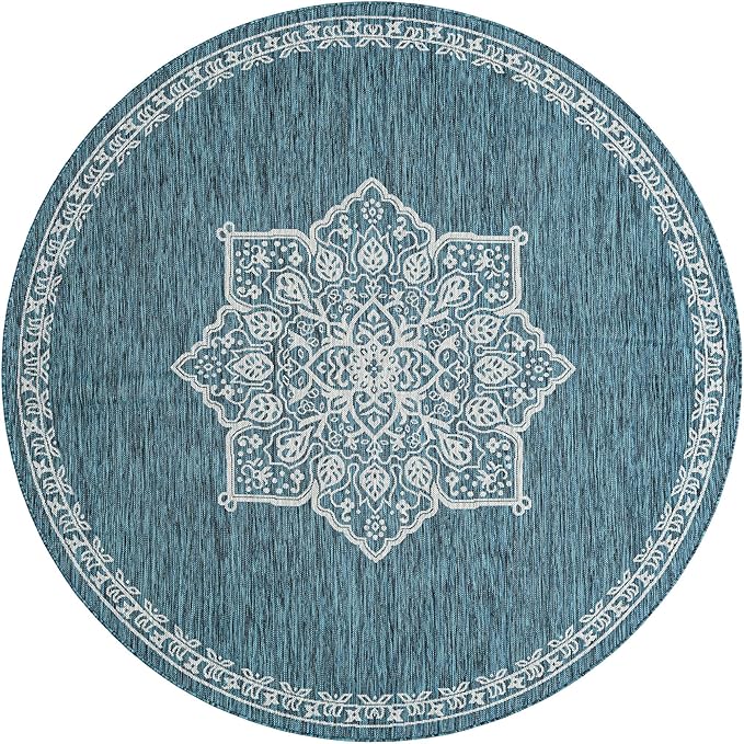 Unique Loom Outdoor Traditional Collection Area Rug - Antique (7' 10" Round Teal/Ivory)
