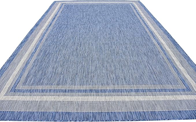 Unique Loom Outdoor Border Collection Area Rug - Soft Border (8' x 11' 4" Rectangle, Blue/ Ivory)