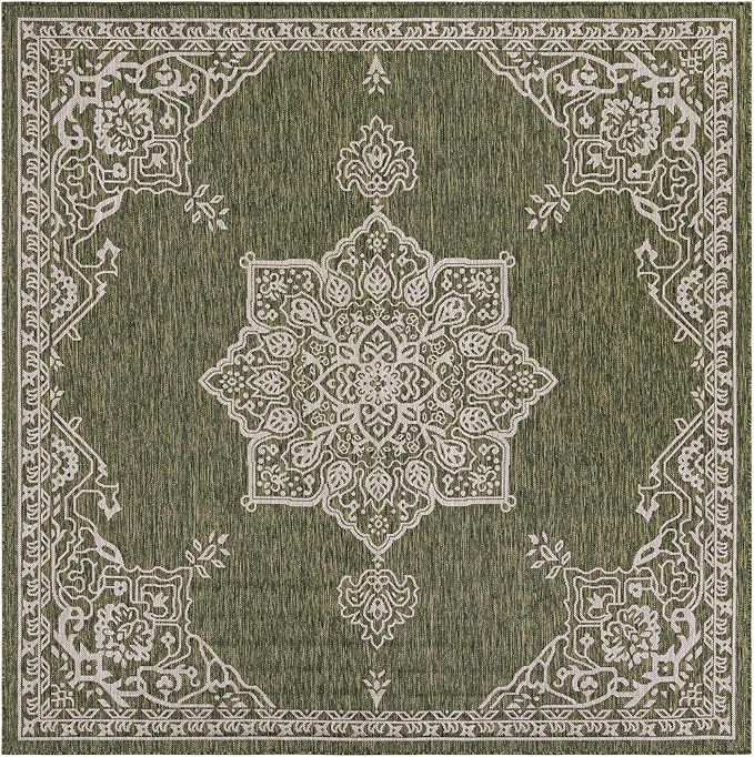 Unique Loom Outdoor Traditional Collection Area Rug - Antique (7' 10" Square Green/Ivory)