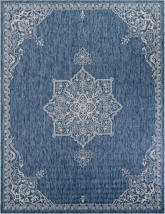 Unique Loom Outdoor Traditional Collection Area Rug - Antique (10' x 13' 1" Rectangle Blue/Ivory)