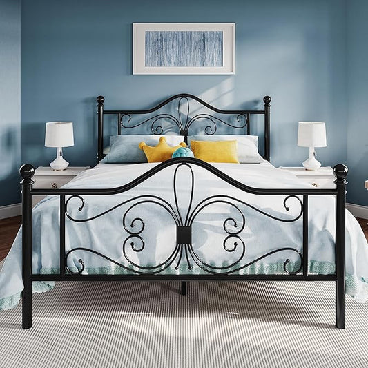 SHA CERLIN Full Size Bed Frame with Headboard,Metal Bed Frame with Butterfly Pattern Design Headboard & Footboard,No Box Spring Needed,Easy Assembly,Black