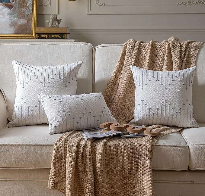 Caflife Boho Throw Pillow Covers 20x20 Set of 2 Decorative Pillows for Bed, Neutral Pillow Covers Beige with Grey Line Throw Pillows for Modern Farmhouse Couch Sofa Living Room Outdoor