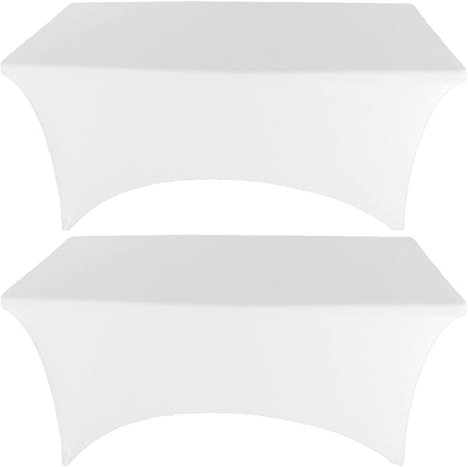 2 Pack 6FT White Spandex Tablecloth Stretch Fitted Table Cover for Rectangular Table Event, Wedding, Banquet and Parties