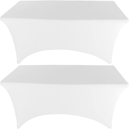 2 Pack 6FT White Spandex Tablecloth Stretch Fitted Table Cover for Rectangular Table Event, Wedding, Banquet and Parties