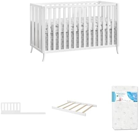 Oxford Baby 4 PC Nursery Set Arlie 4 in 1 Convertible Island Crib White, Arlie Toddler Guard Rail White, Arlie Full Bed Conversion Kit White and Perfect Comfort 2-Stage Crib & Toddler Mattress