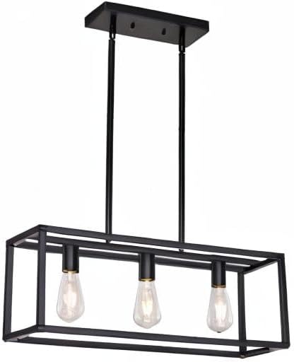 Farmhouse Rectangle Chandeliers for Dining Rooms, Modern Linear Hanging Light Fixture Matte Black 3-Light Industrial Pendant Lighting for Kitchen Island