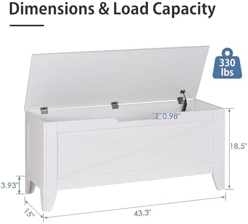 VECELO 43.3" Farmhouse Style Storage Bench, Entryway Shoe Ottoman, with Handwoven Cushion, with Metal Safety Hinges, for Bedroom, Living Room, Entryway, White
