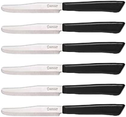 Tredoni 6 kitchen Knives - 4.3"/11cm Italian Stainless Steel Serrated Vegetable/Steak/Table Knife Cutlery, Rounded Tip (Black)
