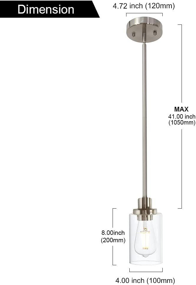 Modern Clear Glass Pendant Light in Brushed Nickel, Single Hanging Pendant Lighting for Farmhouse Entryway Dining Room Kitchen Island Foyer