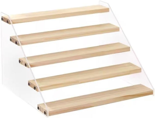 BYCY Wood Display Stand 5 Tier Clear Acrylic Display Shelf Riser for Perfumes Pop Figures Jewelry Cupcake Spice Desserts (1 Pack)
