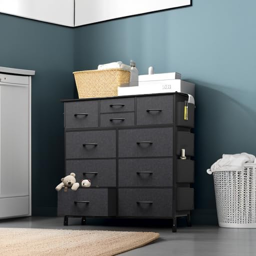 10 Drawer Dresser, Chest of Drawers for Bedroom, Fabric Dresser Drawers with Side Pockets, Hooks, Wooden Top and Sturdy Metal Frame for Living Room, Closet, Hallway, Nursery (Grey)