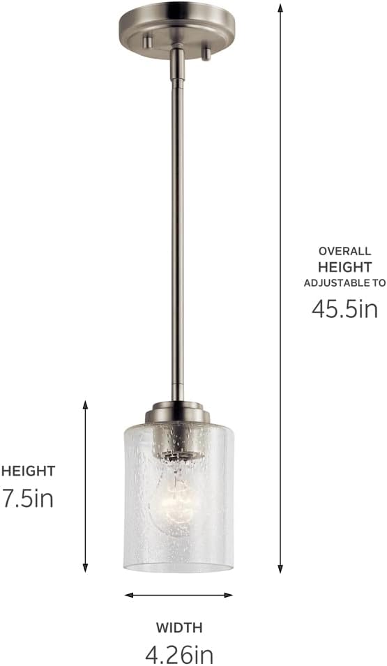Kichler Winslow 7.5" Mini Kitchen Pendant with Clear Seeded Glass in Brushed Nickel, (7.5" H x 4.25" W), 44032NI