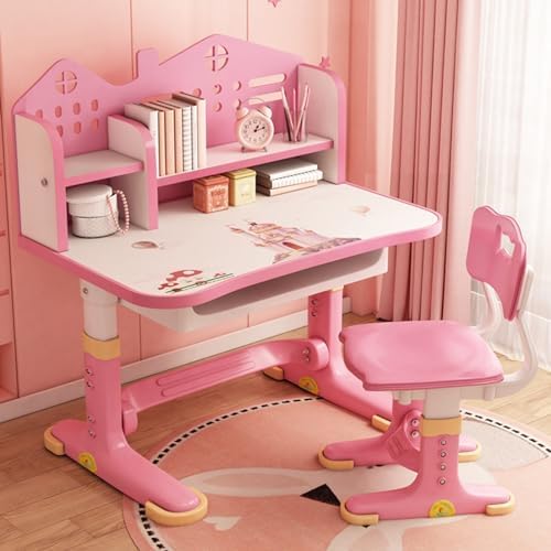 Children Learning Desk and Chair Set Pink Desk Set Height Adjustable with Drawers and Storage Compartments Curved Desktop Cartoon Learning Desks and Chairs Reading/Learning/Writing for Girl (Pink B1)