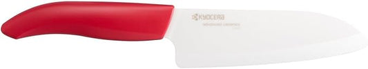 Kyocera’s Revolution Series 5.5” Ceramic Santoku Knife, Chef Knife For Your Cooking Needs, Red Handle, White Blade