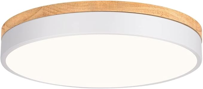 Modern Dimmable LED Close to Ceiling Light Minimalist Wood Oak Flush Mount Ceiling Light Fixture Circle Lighting with Lampshade for Bedroom Living Room Bathroom Laundry Room (White, 15.7'')
