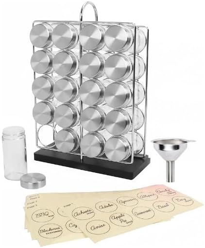 Orii 20 Jar Chrome Wire Spice Rack with Bamboo Base | Includes SS Funnel | 160 Preprinted + 20 Blank Spice Labels Included | Compact and Minimalistic Kitchen Pantry Spice Organizer Rack