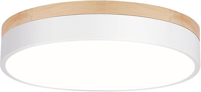 Modern Dimmable LED Close to Ceiling Light Minimalist Wood Oak Flush Mount Ceiling Light Fixture with Lampshade for Bedroom Living Room Bathroom Laundry Room (White-Dimmable, 11.8''/30cm)