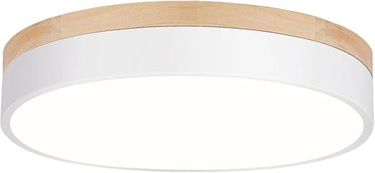 Modern Dimmable LED Close to Ceiling Light Minimalist Wood Oak Flush Mount Ceiling Light Fixture with Lampshade for Bedroom Living Room Bathroom Laundry Room (White-Dimmable, 11.8''/30cm)