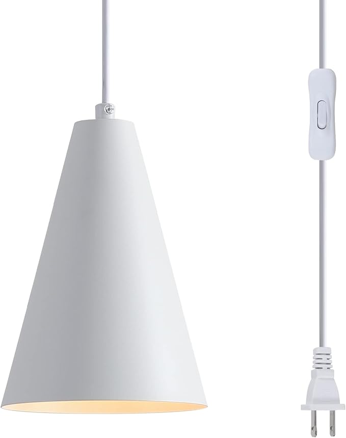 White Plug In Pendant Lights Kitchen Island,Dining Room Light Fixtures Over Table 1 Pack with Cone Metal Shade, Modern Farmhouse Mini Chandeliers with Cord On/Off Switch Hanging Lighting for Sink