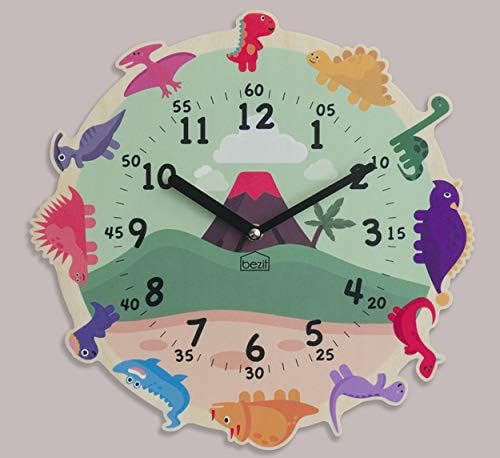 Silent Kids Wall Clock - Dinosaur Wooden Clock for Home, Nursery, Office, Baby Room - Non-Ticking, Decorative, Cute (Happy Dinosaur)