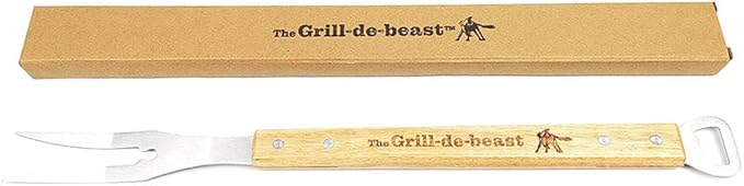 Grill-de-beast Stainless Steel Grill Fork with Engraved Wood Handle & Bottle Opener – 18" Long BBQ Tool for Grilling, Turning & Checking Doneness.