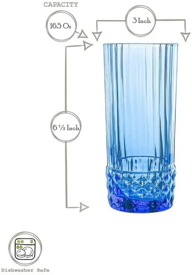 Bormioli Rocco America '20s Set Of 6 Cooler Glasses, 16.5 Oz. Colored Crystal Glass, Sapphire Blue, Made in Italy.