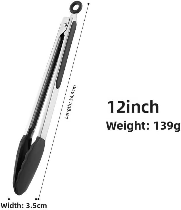 Silicone Kitchen Tongs for Cooking - 9+12 Inch Heat-Resistant Stainless Steel Cooking Tongs with Non-Slip Handle, Non-Scratch Tips for Grilling, BBQ, Salad & Air Fryer - 2-Piece Black Set