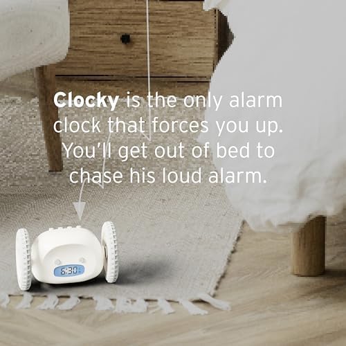 CLOCKY Extra Loud Alarm Clock for Heavy Sleepers on Wheels Rolls Runs Away Vibrating, Easy to Set Super Smart Snooze Digital Bed Shaker Alarm Clock Funny Gift for Adults Kids Teens Bedrooms (White)