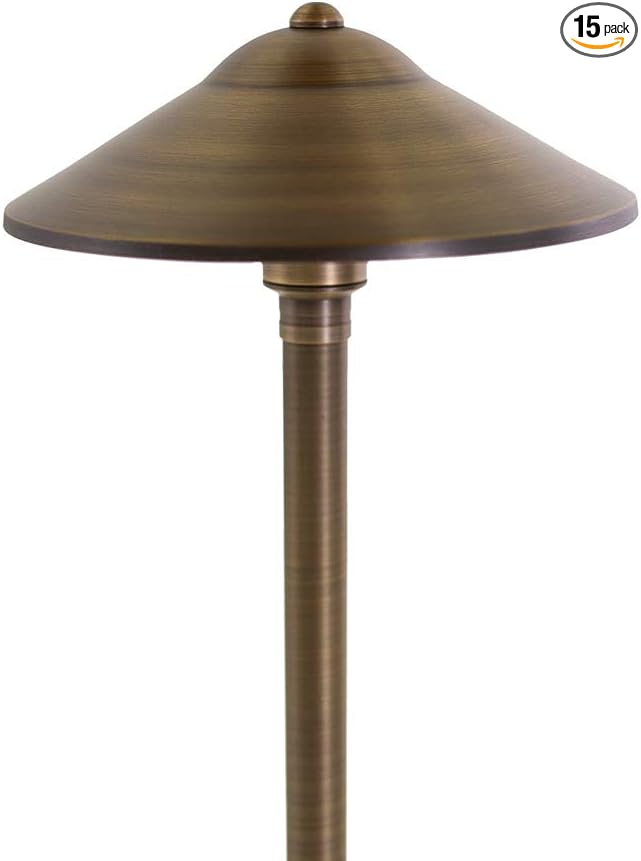 VOLT 15-Pack 12V Cast Brass Max Spread Path Lights (9" Shade, 25" Tall) with 3W 2700K Warm White G4 LED Bulbs for Low Voltage Landscape Lighting on Outdoor Pathway, Walkway, Garden, Driveway or Patio