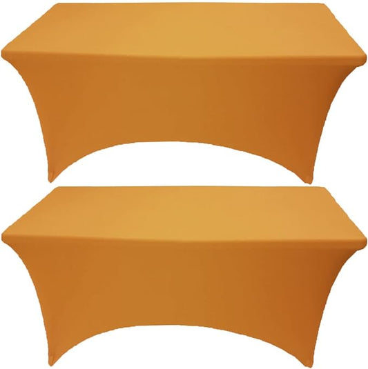 2 Pack 8FT Gold Spandex Tablecloth Stretch Fitted Table Cover for Rectangular Table Event, Wedding, Banquet and Parties