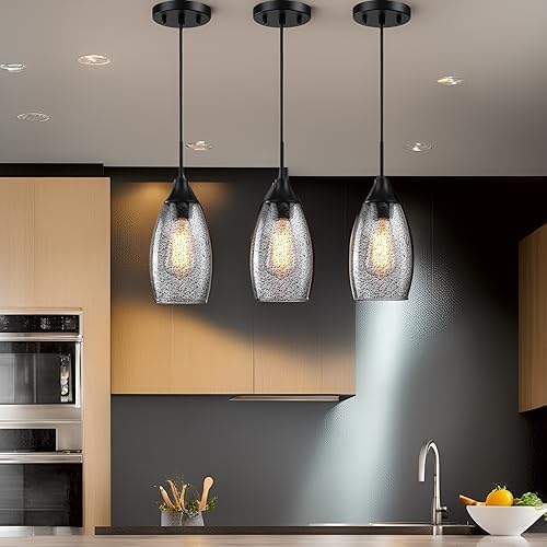 Mini Glass Pendant Light,4.72" Black Glass Hanging Light 3-Pack Handblown Clear Black Seeded Shade Adjustable Cord Ceiling Light Fixture for Kitchen Island Sink